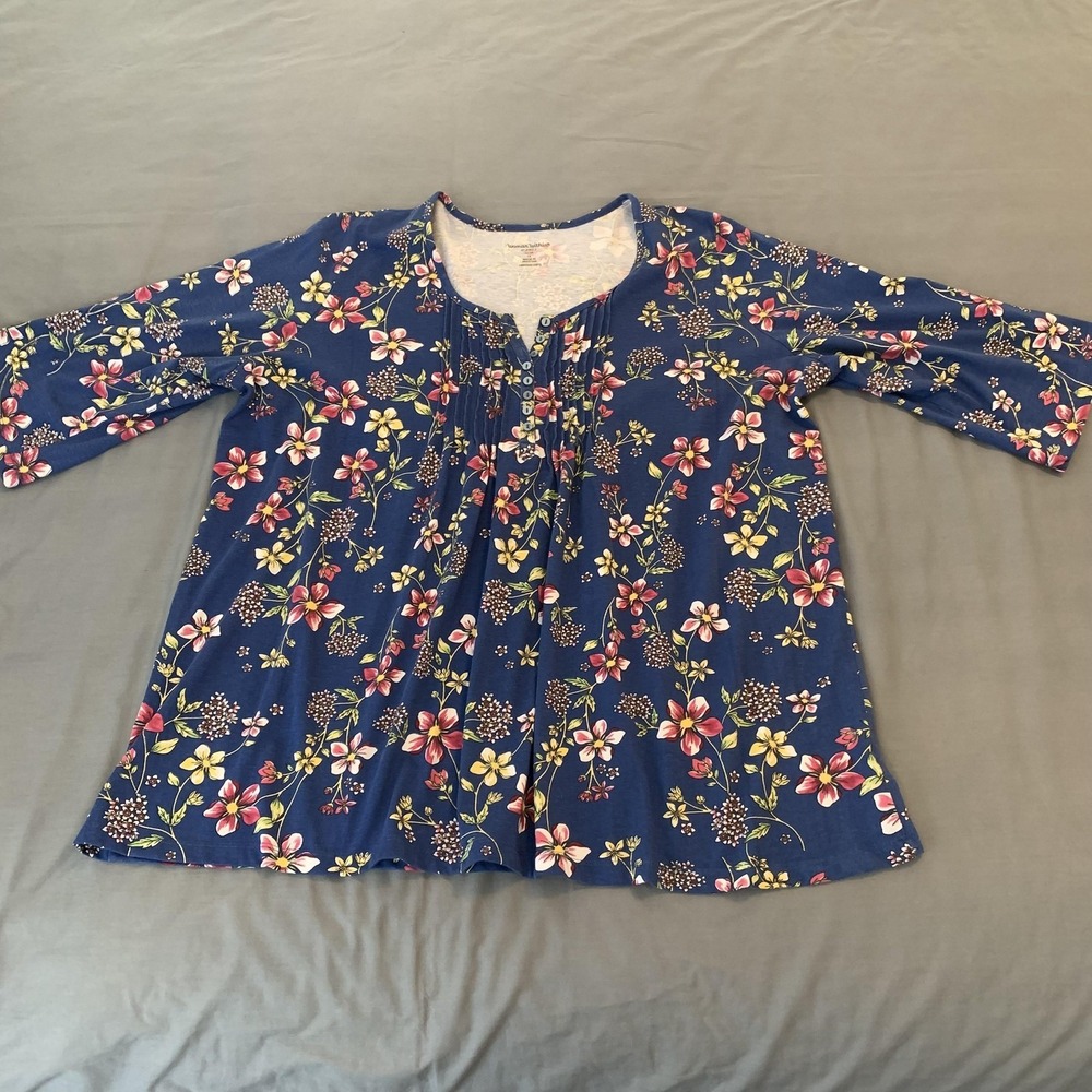 Woman Within Shirt Womens 1X Plus Blue Floral Henley 3/4‎ Sleeve Tunic Top